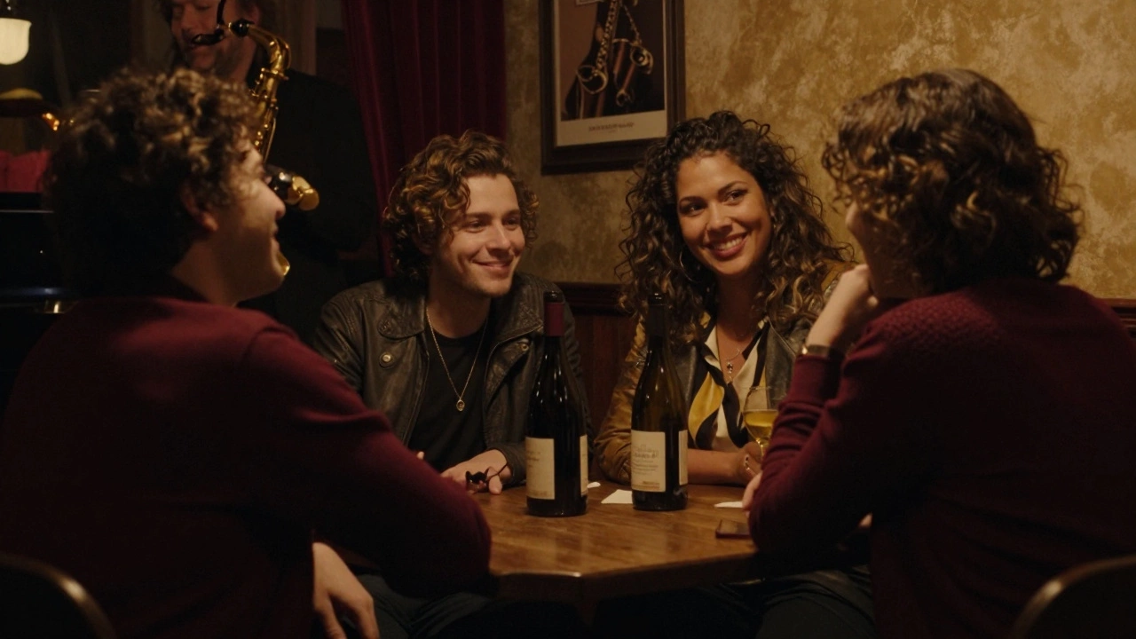 A traveler and local sharing wine in a dimly lit jazz club, listening to live saxophone music.