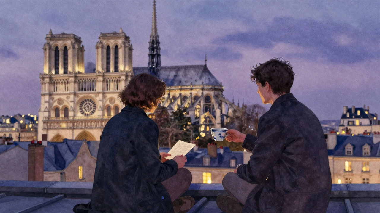 Two people on a rooftop at twilight overlooking Notre-Dame, sharing tea in silent companionship.